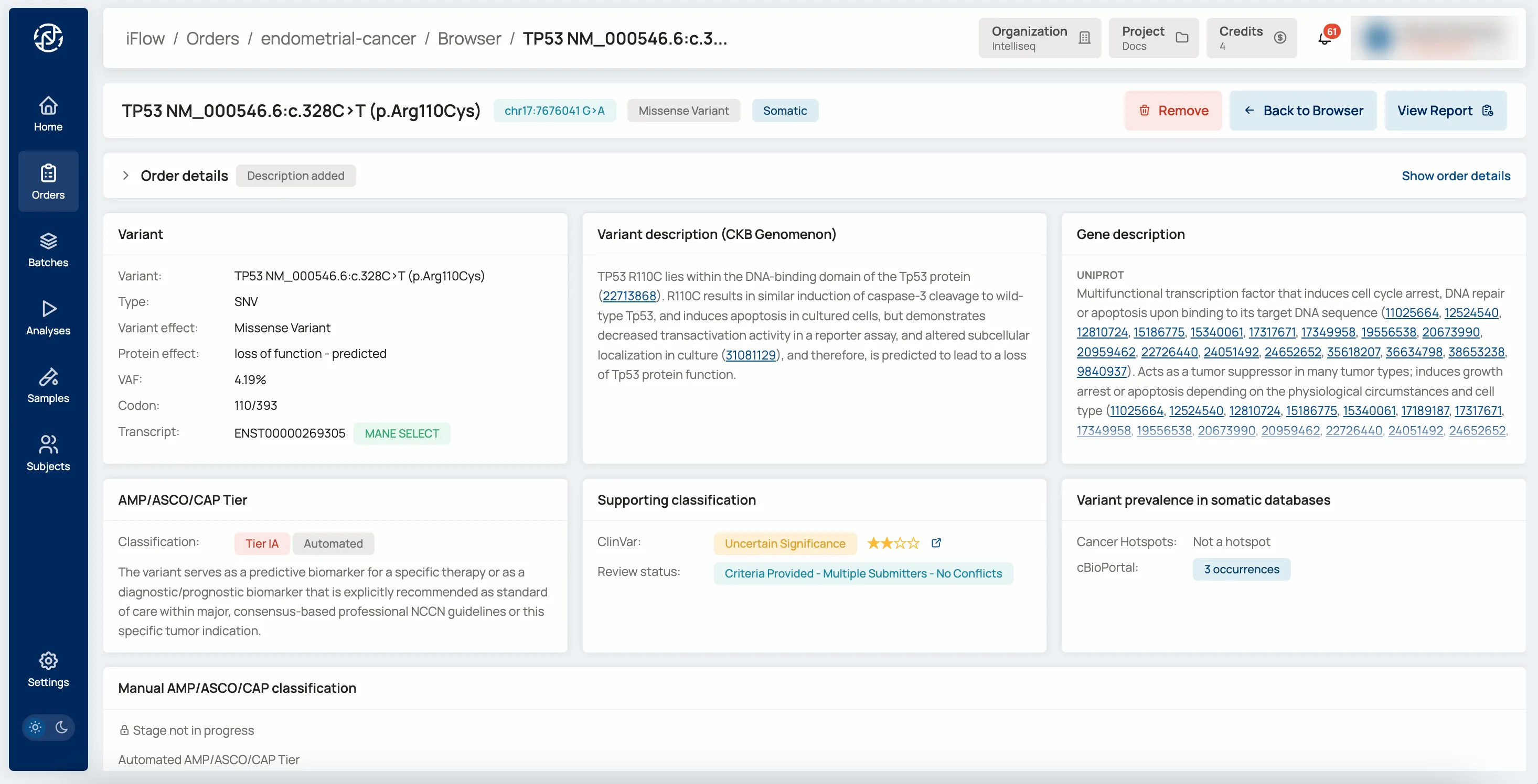 The VariantMINER workspace, showing a variant's classification, evidence from external databases and gene description side by side