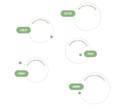 A cluster of inherited-disorder genes the platform reports on: CFTR, LDLR, PAH, FBN1 and SMN1